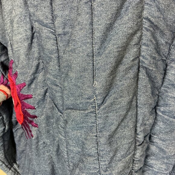 Vintage 80s 90s Denim Hooded Sun Embroidered Patchwork Denim Quilted Jacket L - Picture 8 of 12